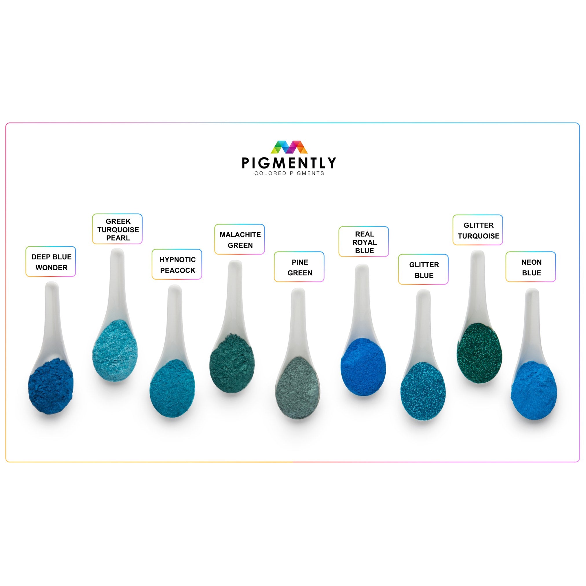 Collection of blue pigments in small spoons with 'Pigmently' branding.