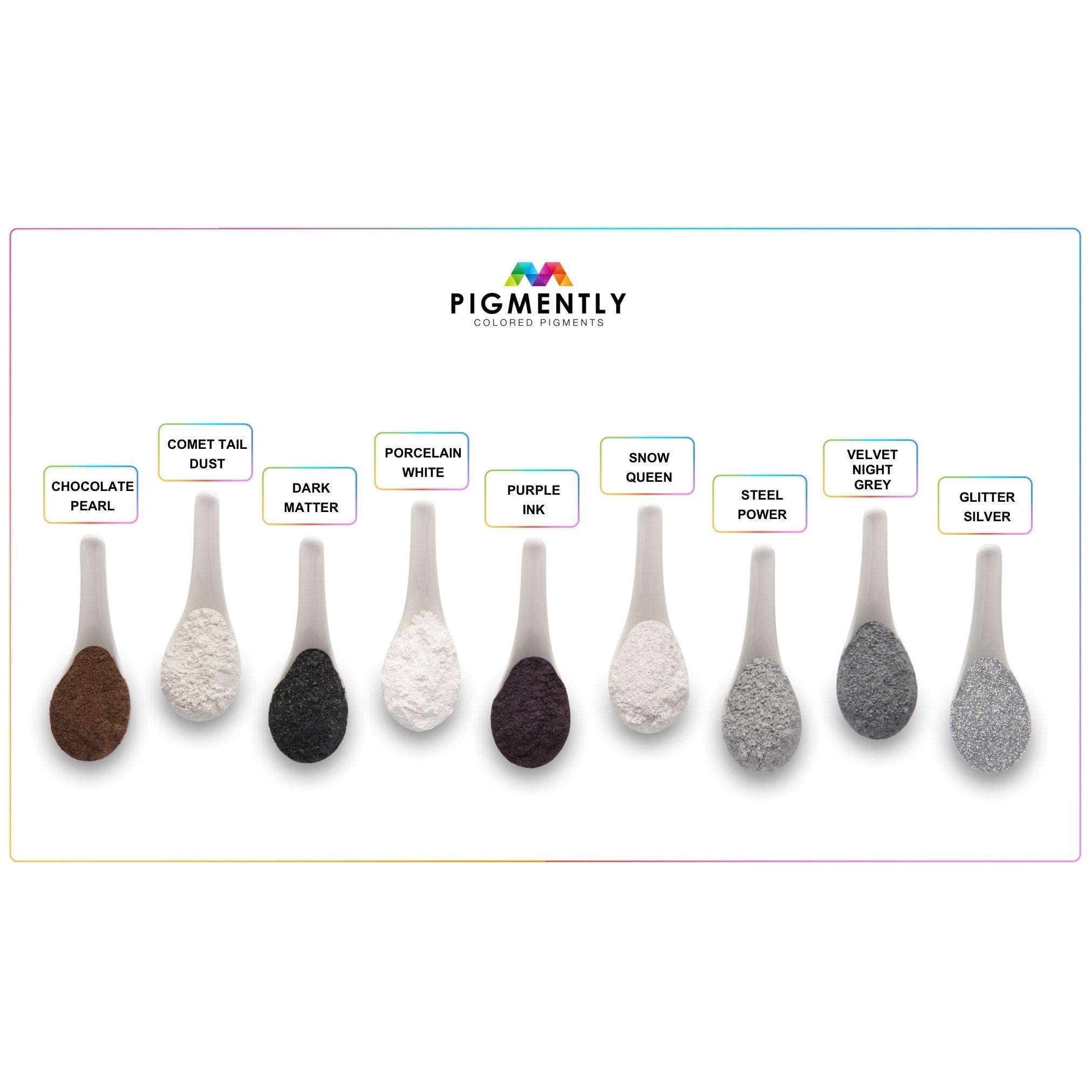 Display of Pigmently color swatches on white spoons with brand logo.