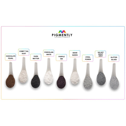 Display of Pigmently color swatches on white spoons with brand logo.