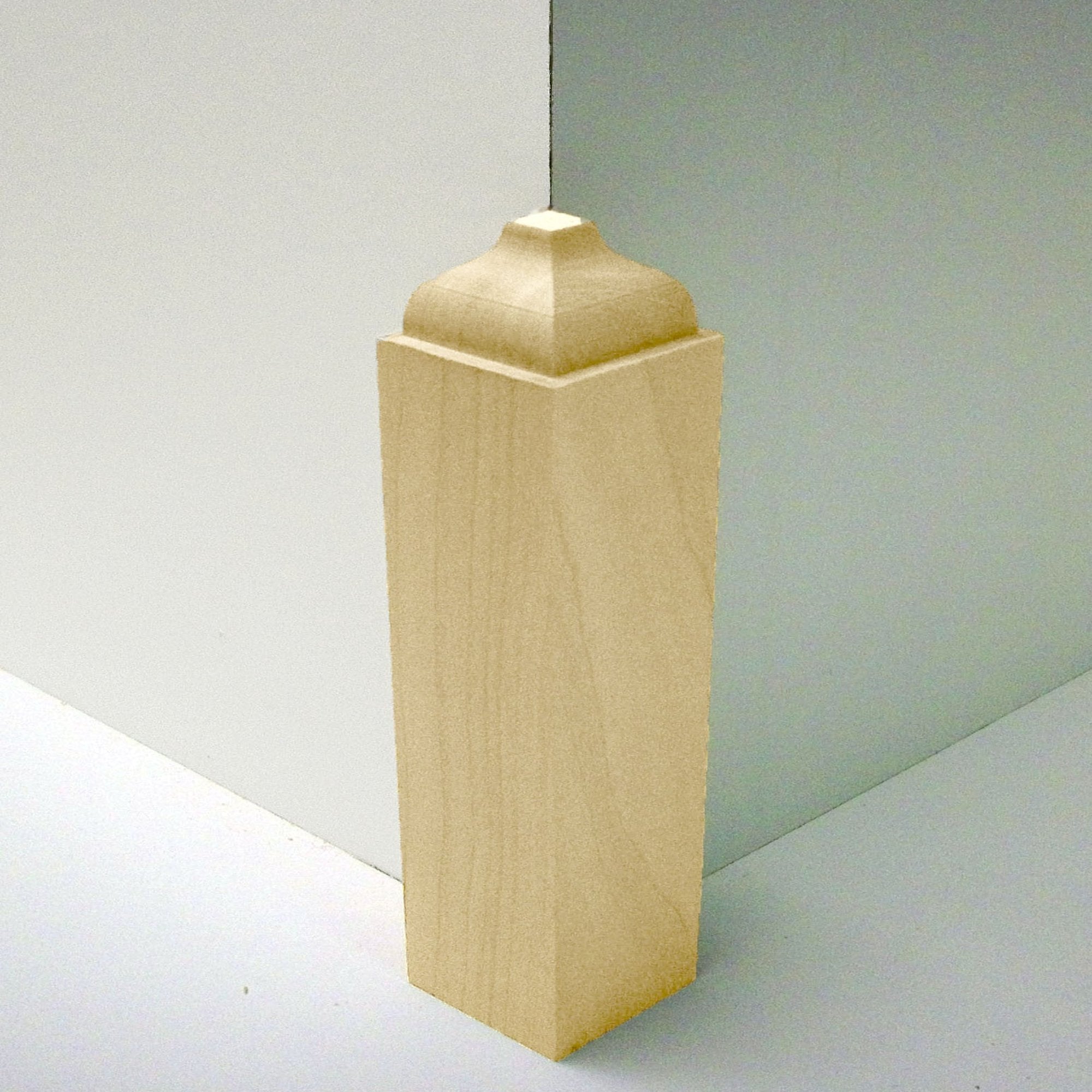 Unfinished hardwood baseboard outside corner block in various wood types
