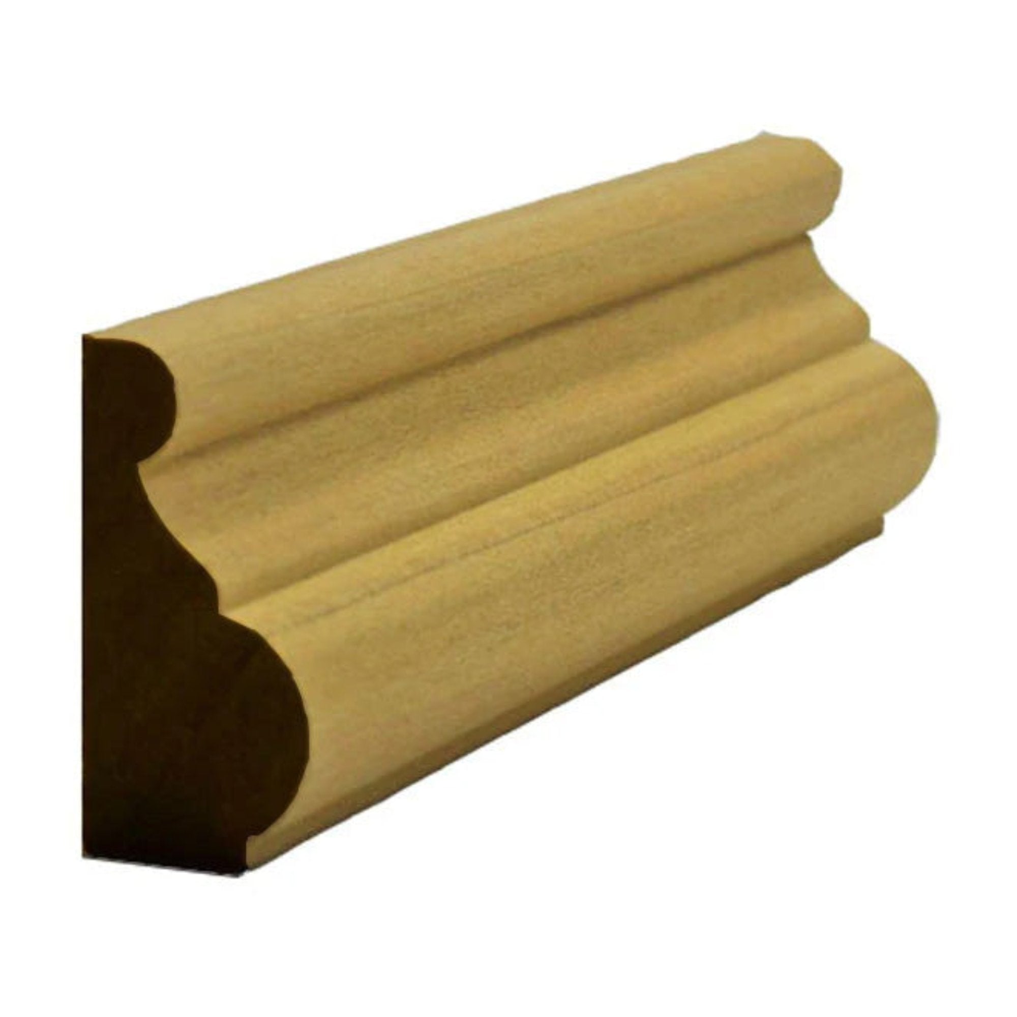 Unfinished traditional base cap moulding 1-3/8 inch tall by 11/16 inch thick in various hardwoods