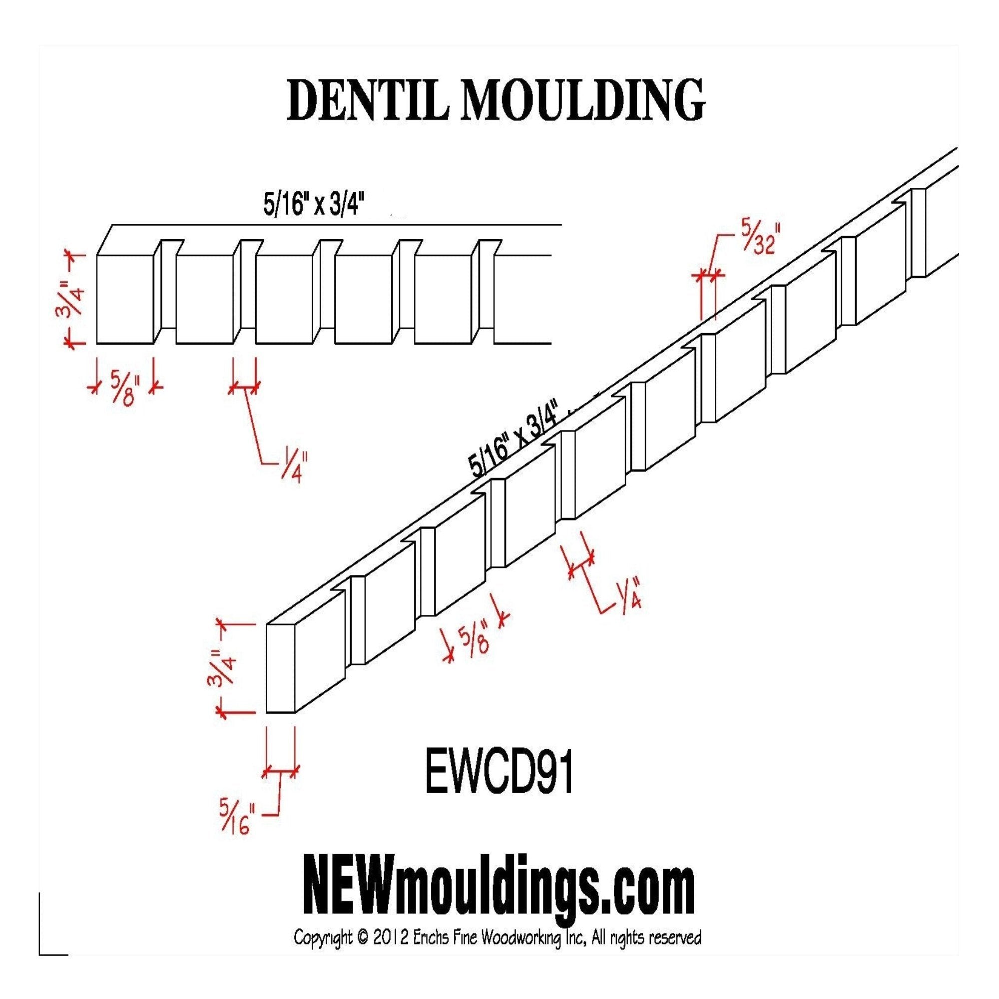 EWCD91 unfinished hardwood dentil moulding showing saw tooth profile
