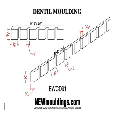 EWCD91 unfinished hardwood dentil moulding showing saw tooth profile