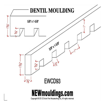 Unfinished solid hardwood dentil moulding 1-5/8 inch high by 5/8 inch thick