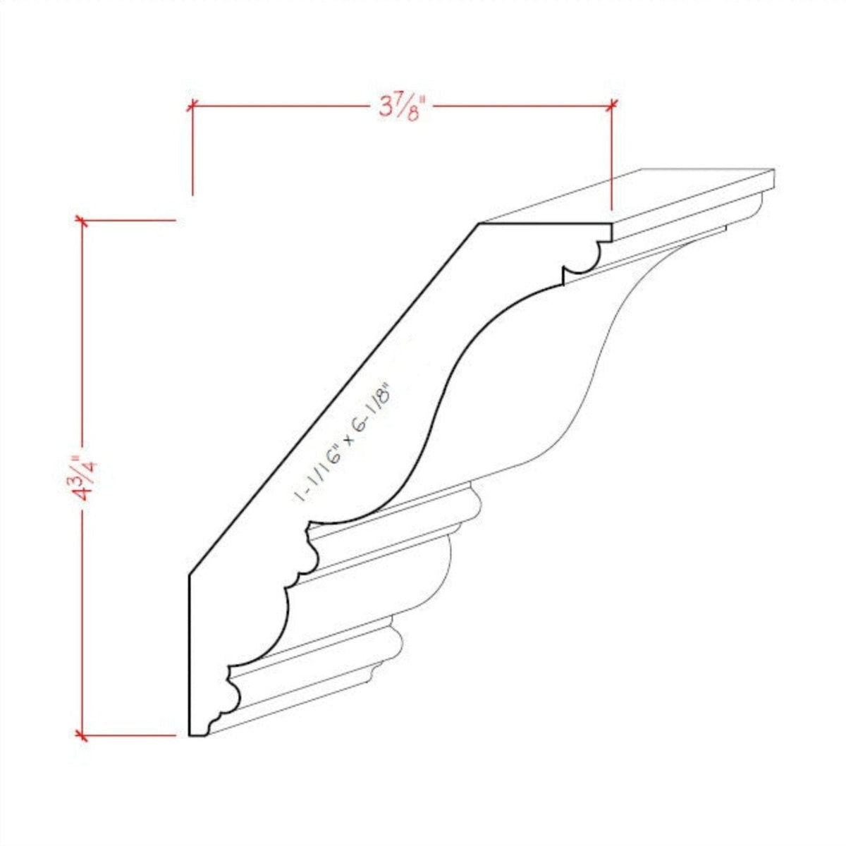 EWCR28 unfinished poplar crown molding showing profile and dimensions