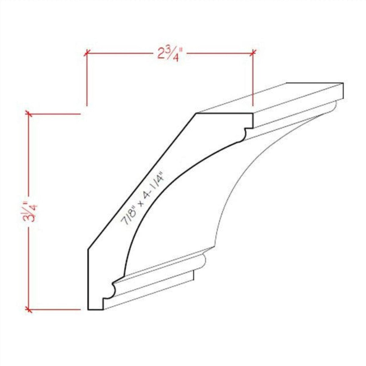 EWCR43 Cove Crown unfinished hardwood molding showing profile and wood grain