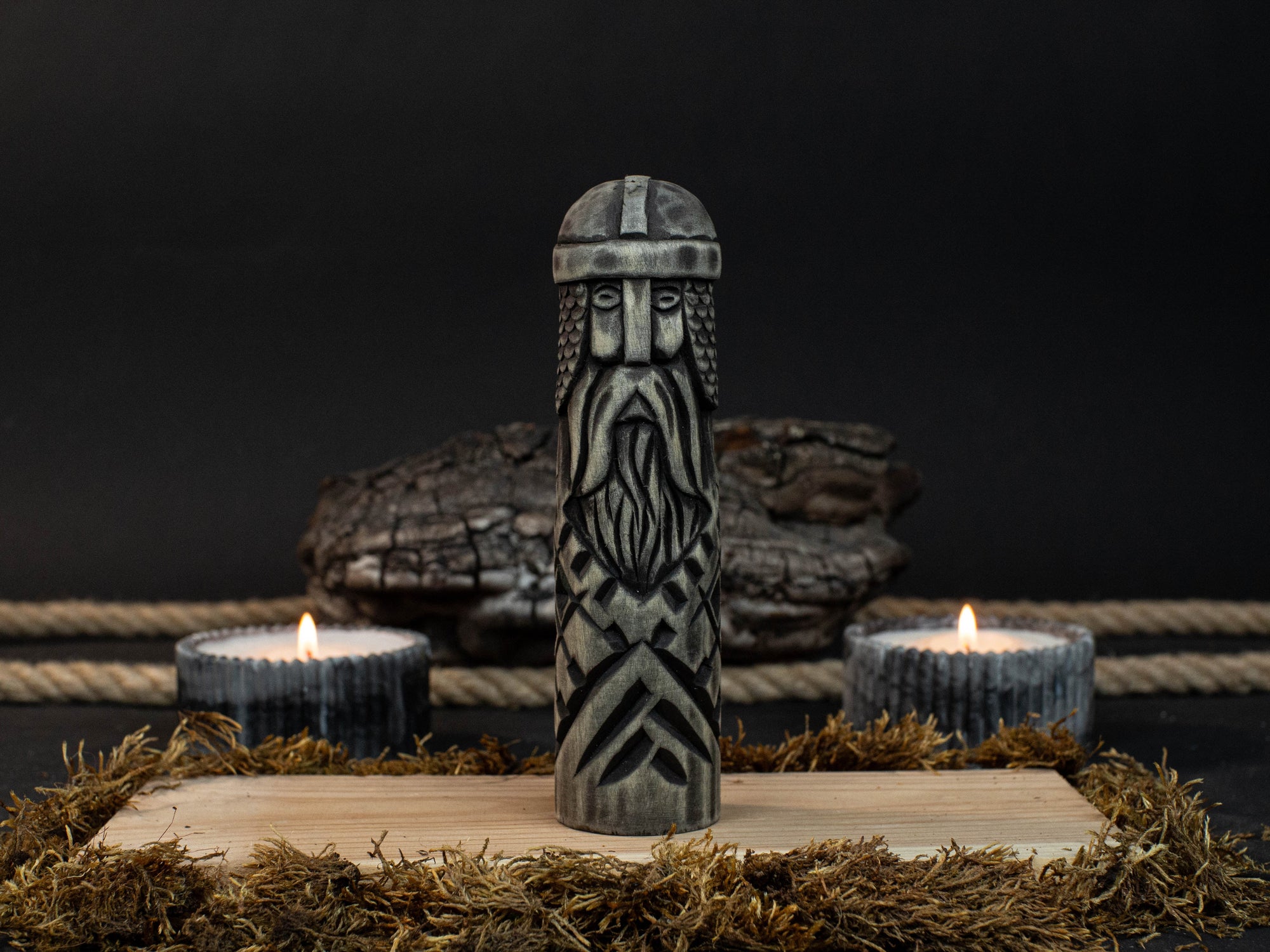 Hand-carved wooden figurine of Baldr, Norse god of light and purity, dark polished finish