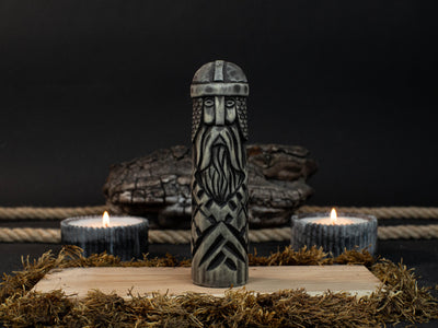 Hand-carved wooden figurine of Baldr, Norse god of light and purity, dark polished finish