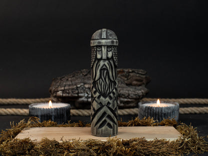 Hand-carved wooden figurine of Baldr, Norse god of light and purity, dark polished finish