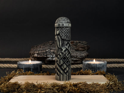 Hand-carved wooden figurine of Baldr, Norse god of light and purity, dark polished finish