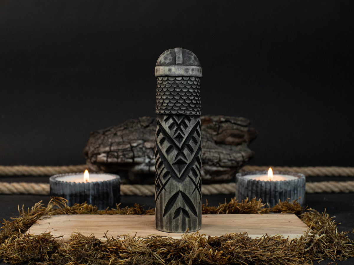 Hand-carved wooden figurine of Baldr, Norse god of light and purity, dark polished finish
