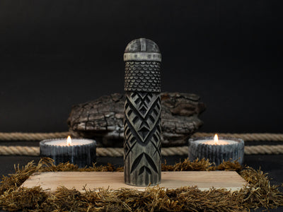 Hand-carved wooden figurine of Baldr, Norse god of light and purity, dark polished finish