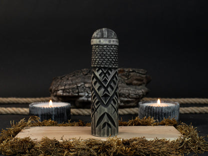 Hand-carved wooden figurine of Baldr, Norse god of light and purity, dark polished finish