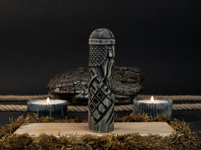 Hand-carved wooden figurine of Baldr, Norse god of light and purity, dark polished finish