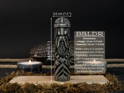Hand-carved wooden figurine of Baldr, Norse god of light and purity, dark polished finish
