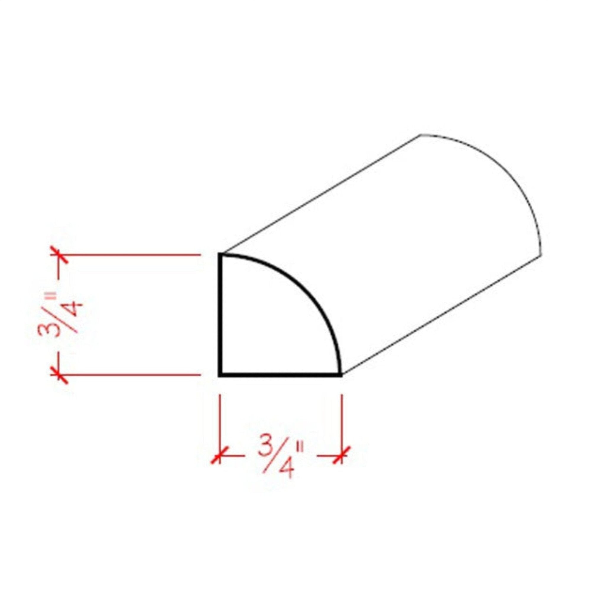 Unfinished 3/4 inch by 3/4 inch quarter round hardwood molding trim in various wood types