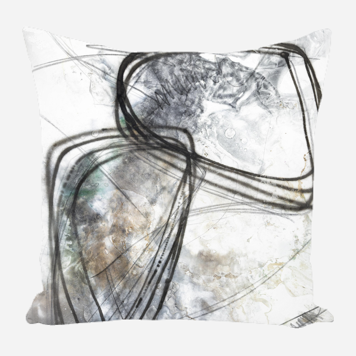 Square pillow with abstract design featuring black swirling lines and gray textured shapes on a white background with subtle brown accents
