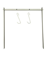 Metal frame stand with two angled legs and a horizontal bar, featuring two white S-shaped hooks hanging from the bar.