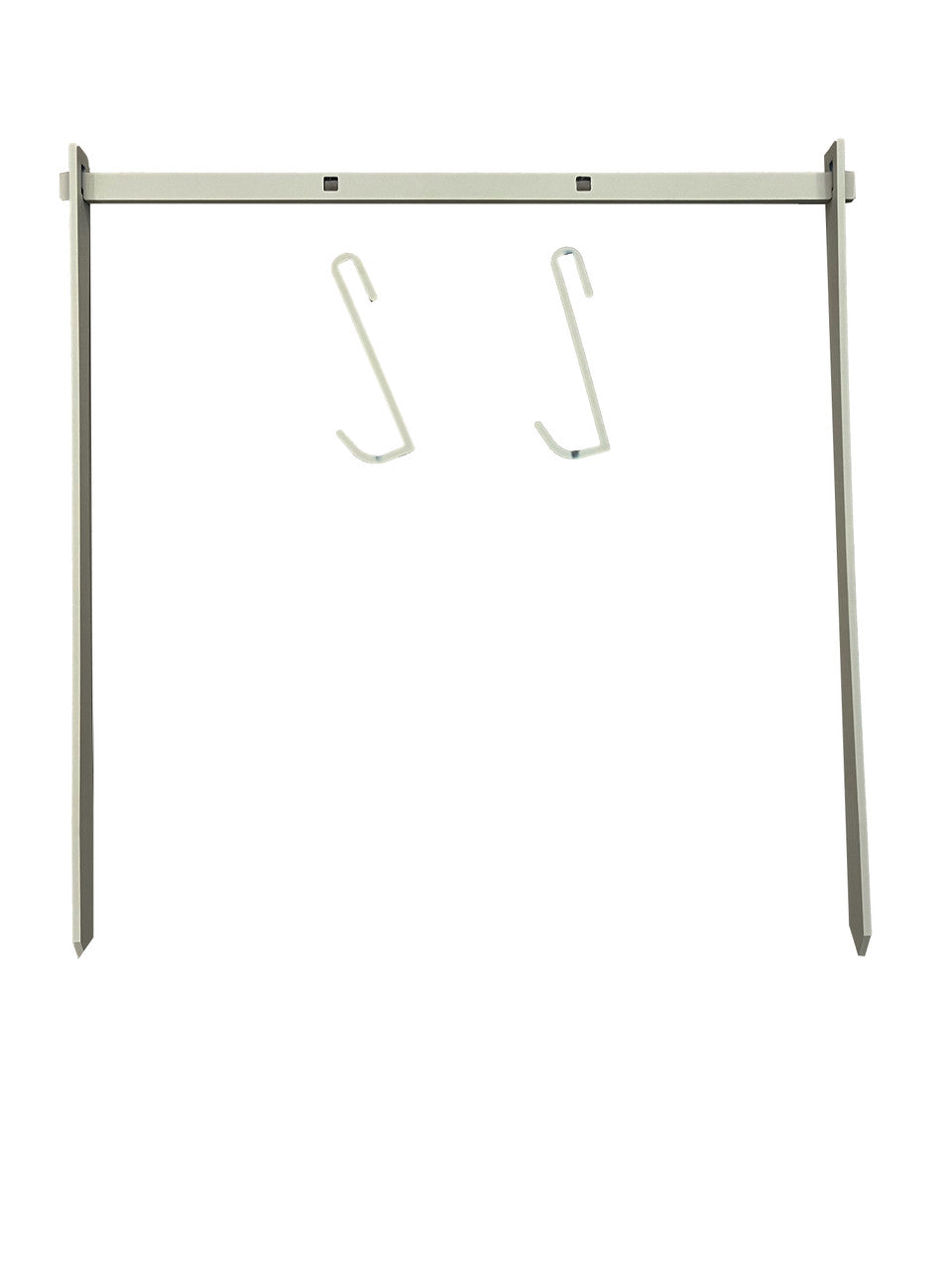 Metal frame stand with two angled legs and a horizontal bar, featuring two white S-shaped hooks hanging from the bar.