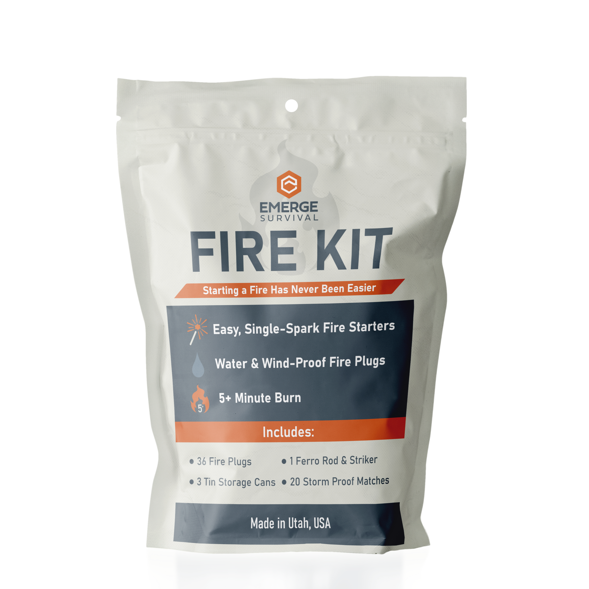 Emerge Survival Fire Kit showing its contents with a mylar bag and ignition tools