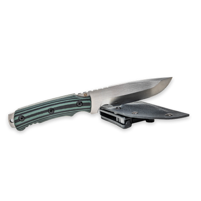 Emerge Survival Survival Knife with 4 inch steel blade and black handle in Kydex sheath