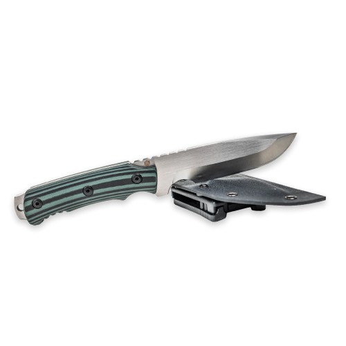Emerge Survival Survival Knife with 4 inch steel blade and black handle in Kydex sheath