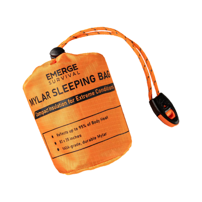 Emerge Survival Emergency Sleeping Bag folded and packed in a small cylindrical shape