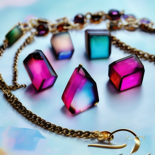 Colorful gemstone pendants on a gold chain against a light blue background