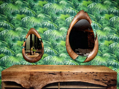 Handcrafted epoxy resin and walnut mirrors in round and teardrop shapes