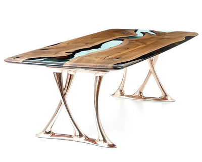Custom epoxy resin dining room table with walnut wood and rose gold aluminum legs