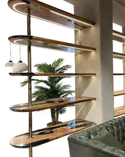 Modern epoxy resin shelves made of walnut wood with optional LED lighting, used as a room divider and TV stand