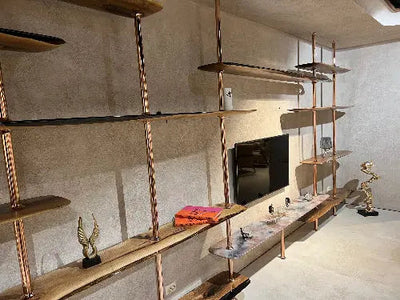 Modern epoxy resin shelves made of walnut wood with optional LED lighting, used as a room divider and TV stand