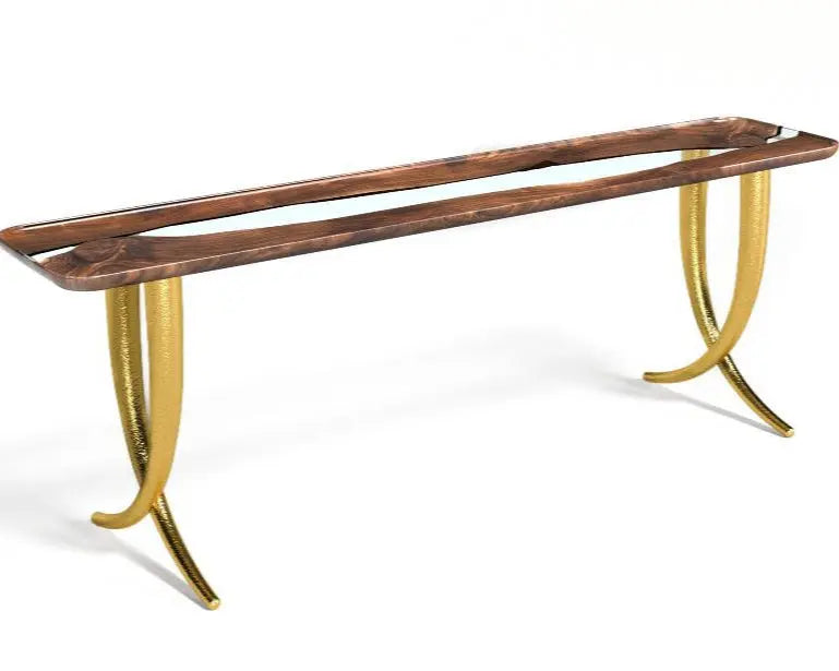 Ivory Collection epoxy resin sofa and console table made of walnut wood with golden aluminum legs