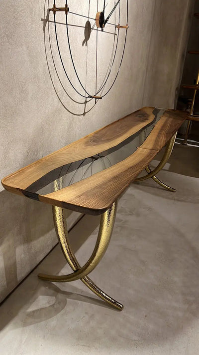 Ivory Collection epoxy resin sofa and console table made of walnut wood with golden aluminum legs
