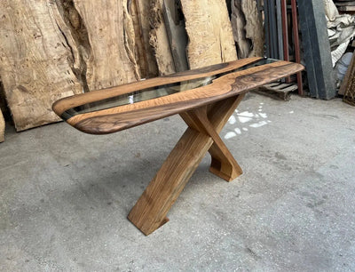 Handmade solid walnut console table with epoxy resin and live edge design