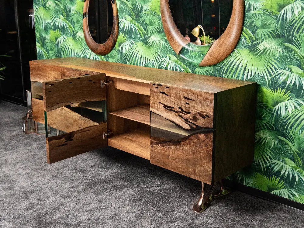 Osso collection resin credenza sideboard with walnut doors and resin accents
