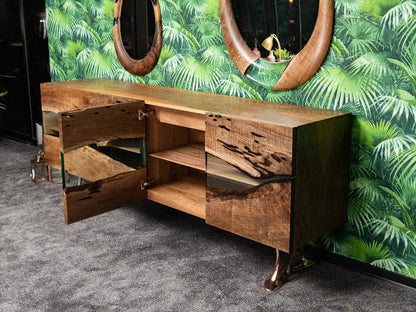 Osso collection resin credenza sideboard with walnut doors and resin accents