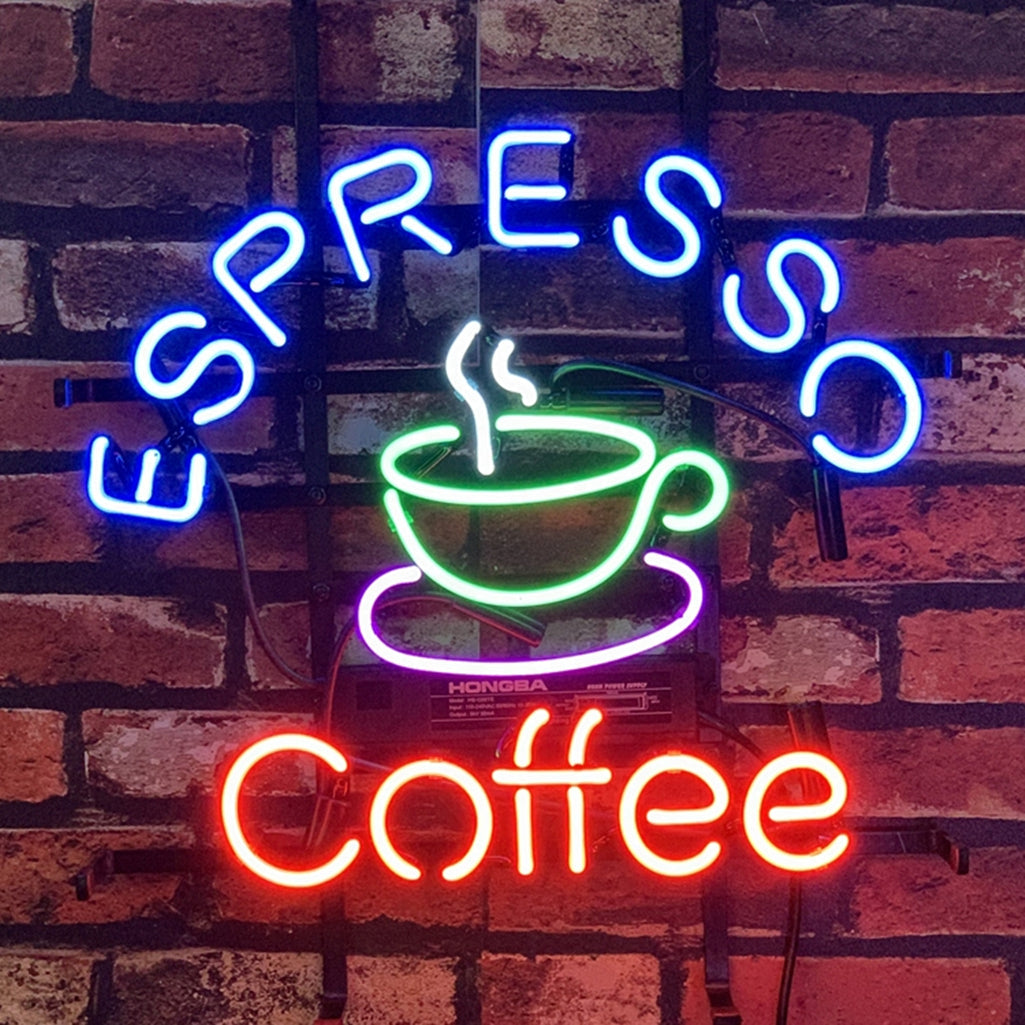 Espresso Coffee Neon Light Sign glowing in warm white with metal grid backing