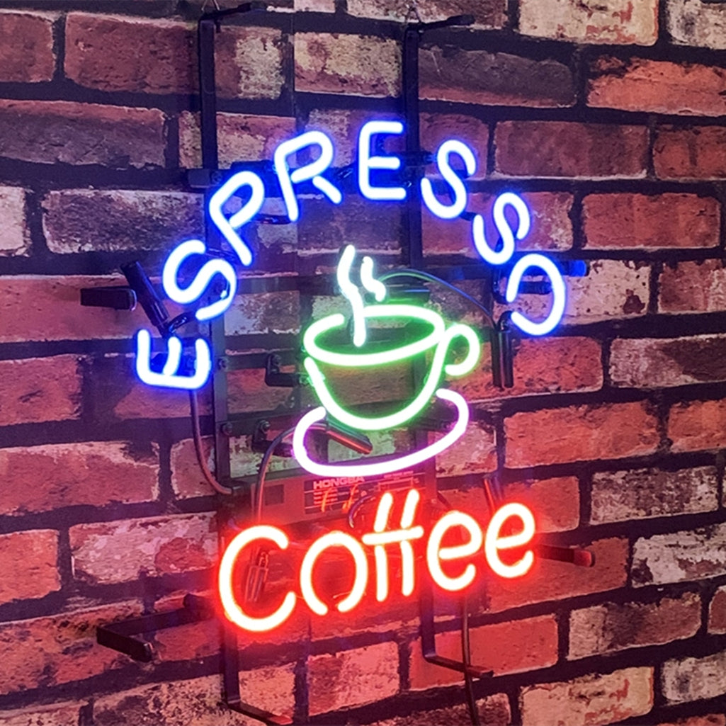 Neon sign on brick wall with blue text "ESPRESSO" arched above a green steaming coffee cup and red text "Coffee" below.