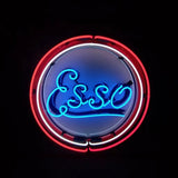 Round neon sign with blue cursive 'Esso' text in the center, encircled by white and red neon rings against a black background.