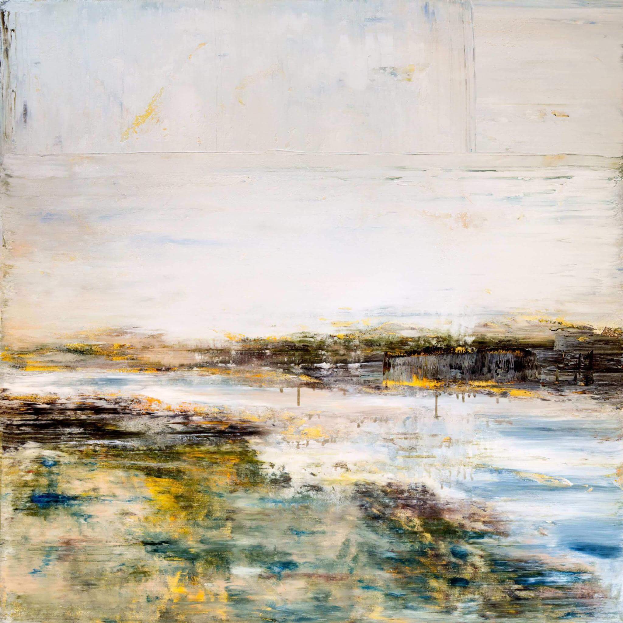 Estuary 48x48 Artist Enhanced Canvas Print showing coastal abstract artwork by John Beard, gallery-wrapped on wood stretcher bars
