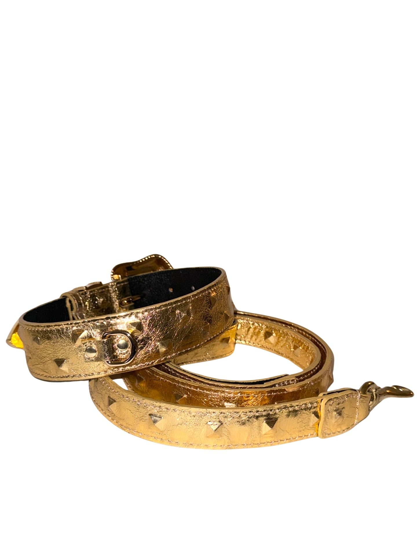 Glam Gold Embossed Studded Italian Leather Collar & Leash Set With Custom Swarovski Crystal Buckle
