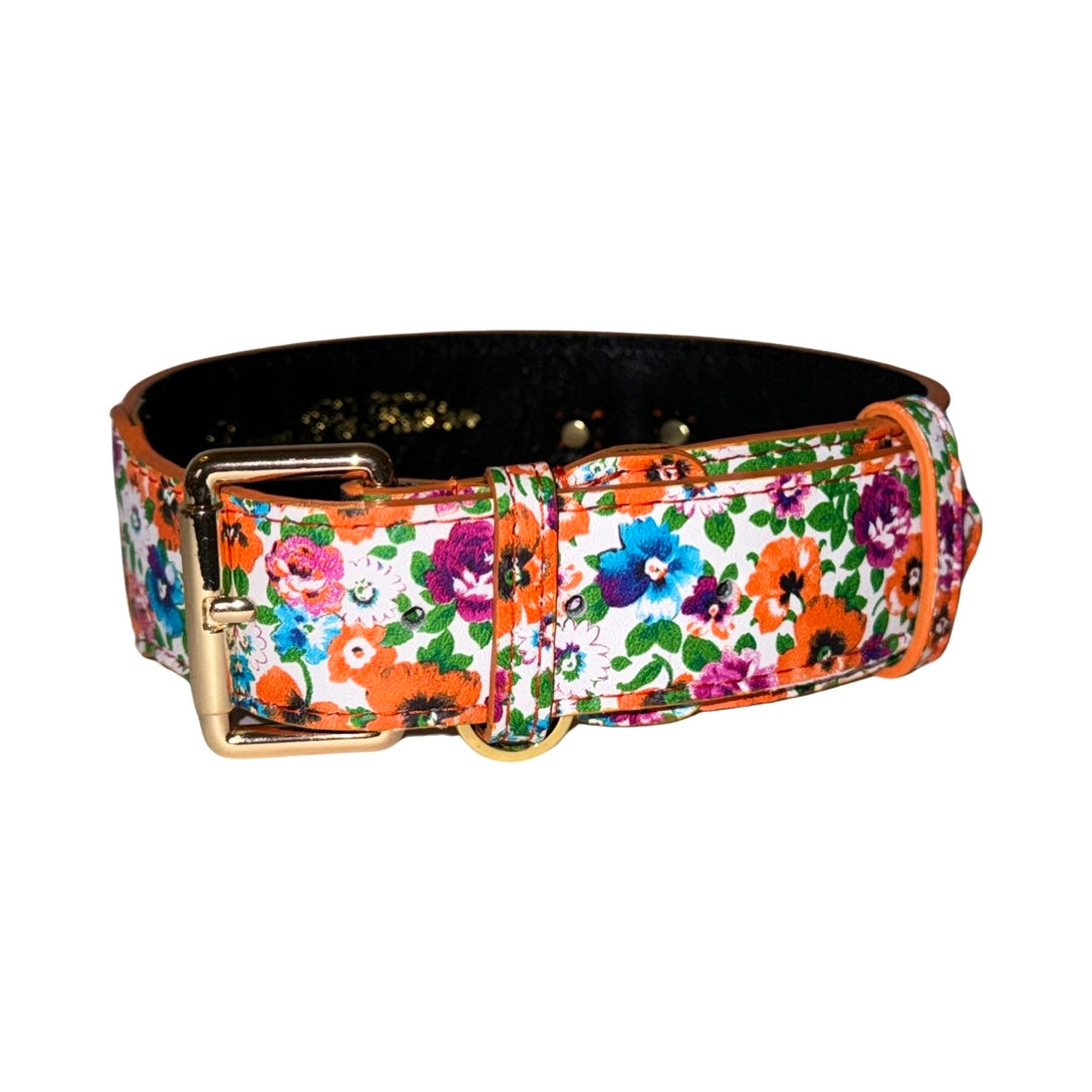 Italian leather dog collar adorned with poppy and pansy floral design and classic buckle