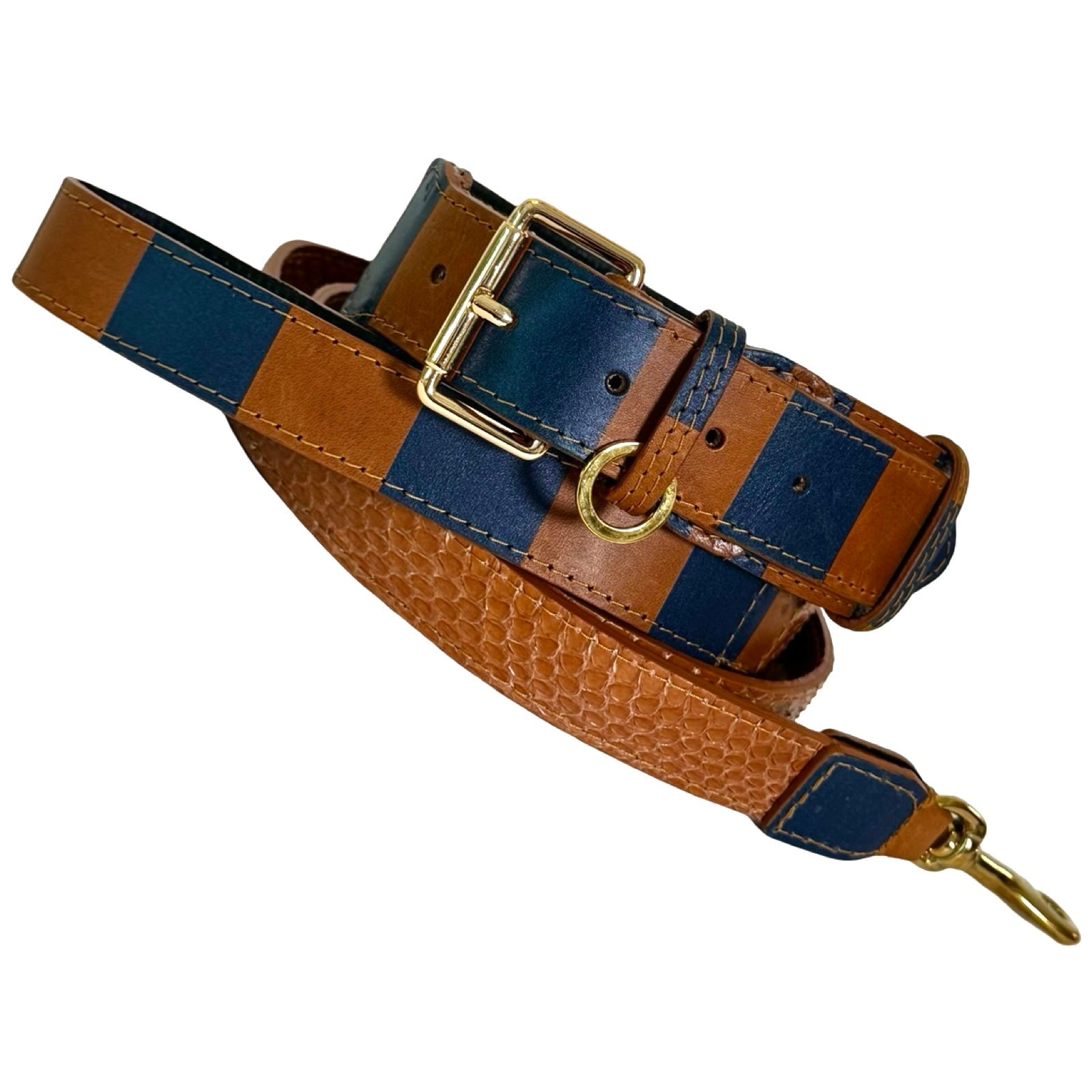 Riviera Classic Collar And Leash Set in Cognac and Navy Italian leather with polished gold hardware