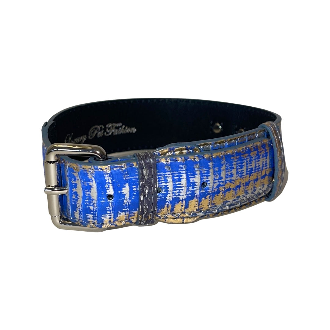 Classic collar with an elegant multi-color blue, silver, and gold snake pattern and silver hardware