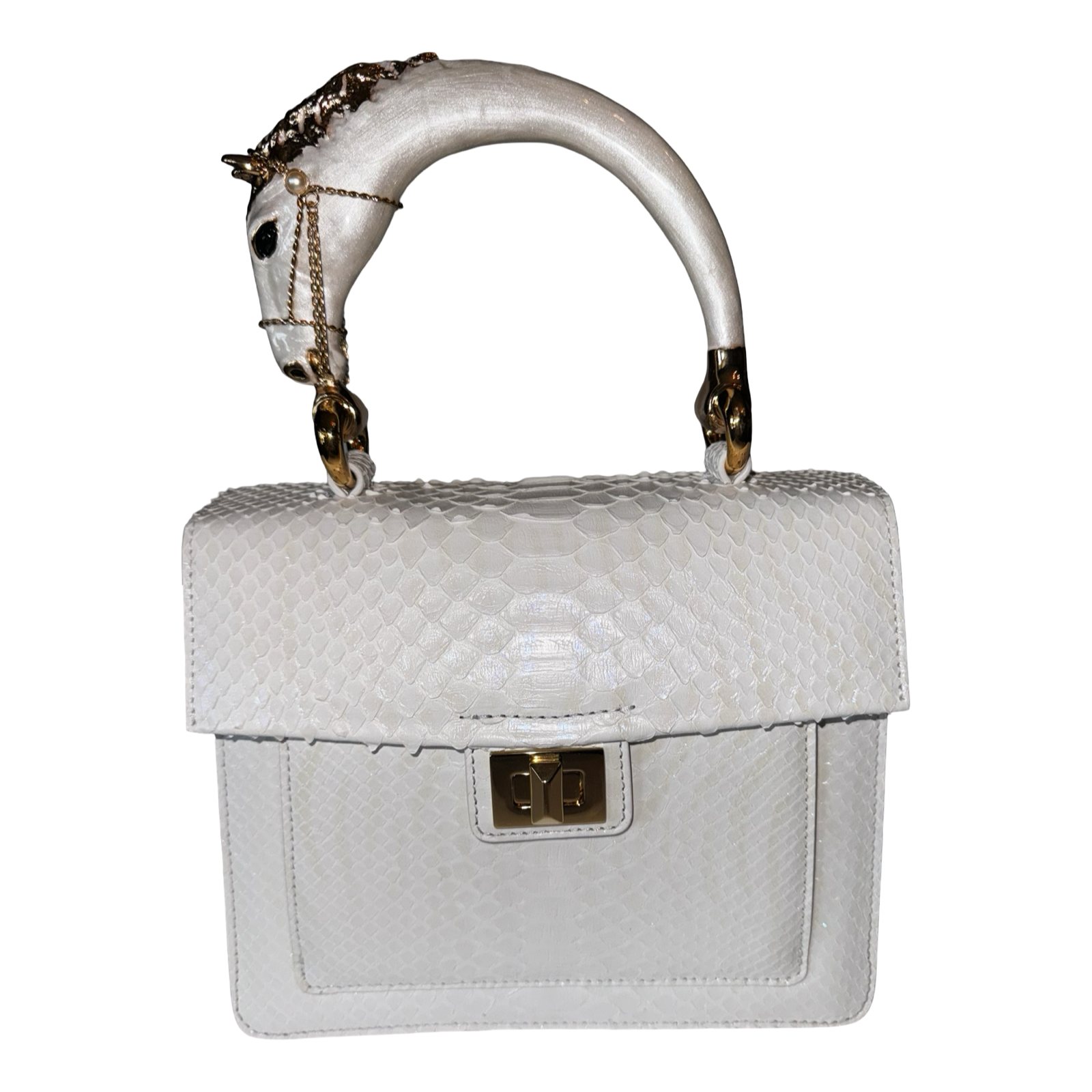 Cosmo Horse Handle Handbag In Iridescent White Python by Allysa Payne Beverly Hills - main product image for Resin Society