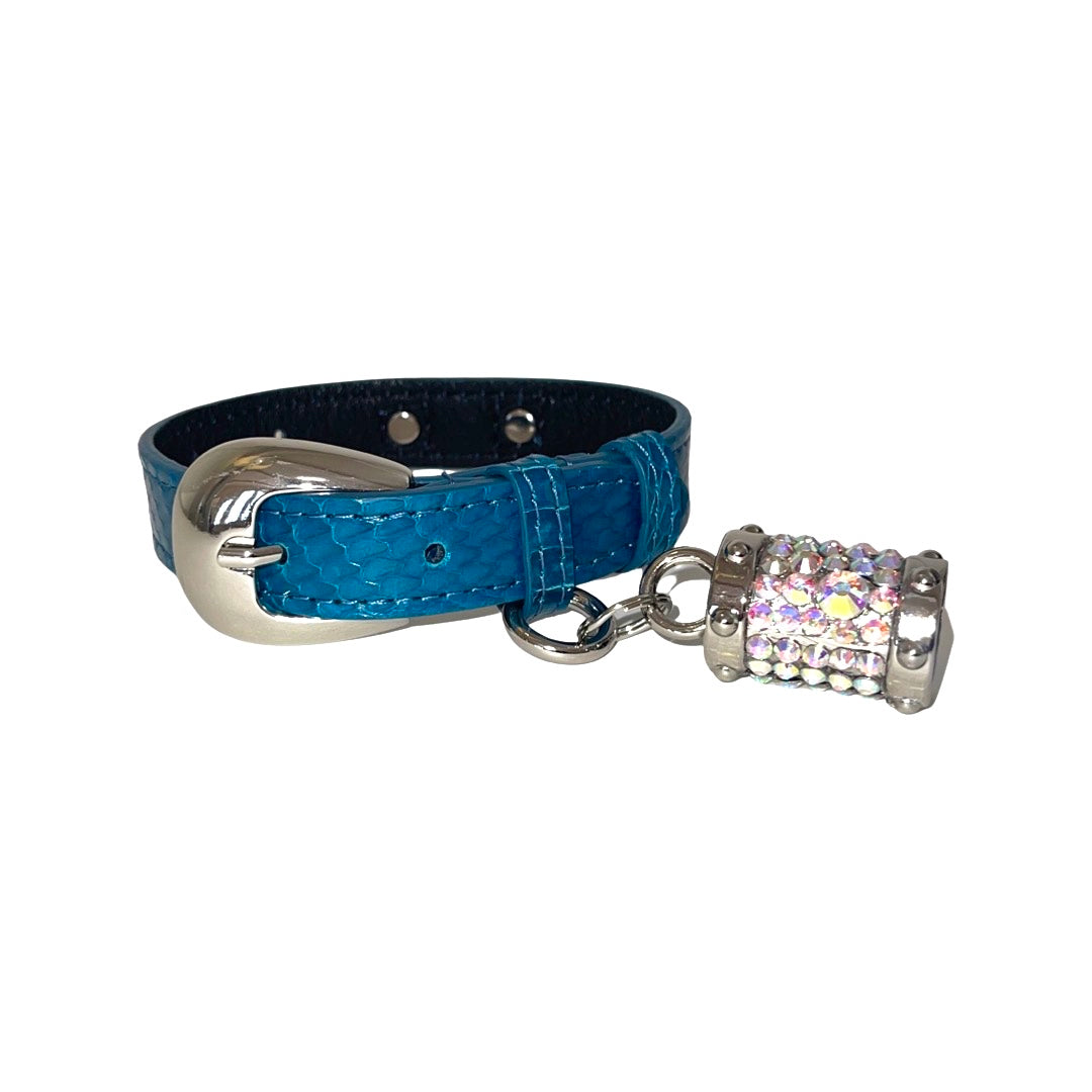 Dark Turquoise XS Snake dog collar with silver Italian hardware and Swarovski crystal charm