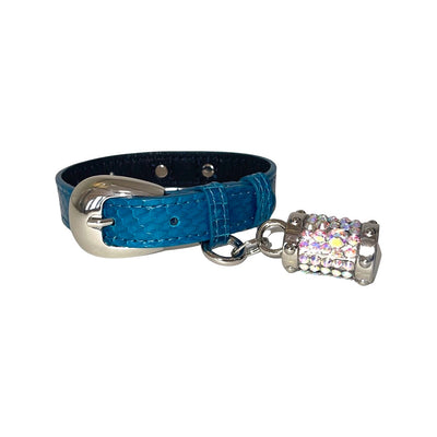 Dark Turquoise XS Snake dog collar with silver Italian hardware and Swarovski crystal charm