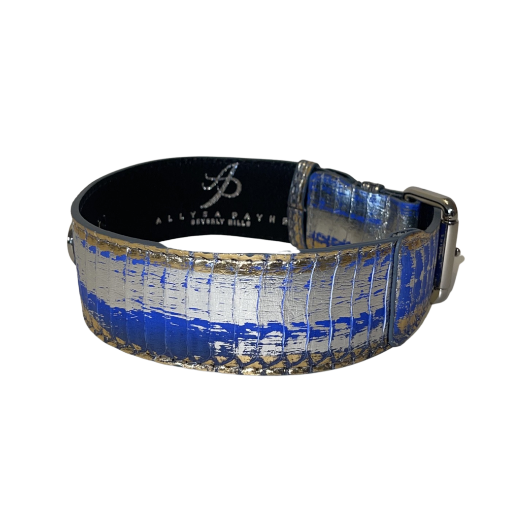 Blue, silver, and gold textured snake pattern collar with a glossy finish and silver buckle hardware, shown on a white background.