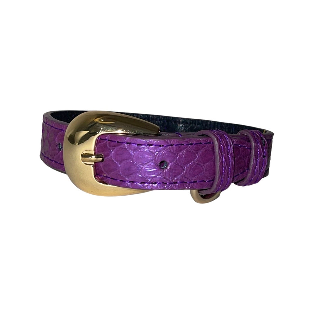 Iridescent purple dog collar with gold custom Italian hardware displayed on a white background.